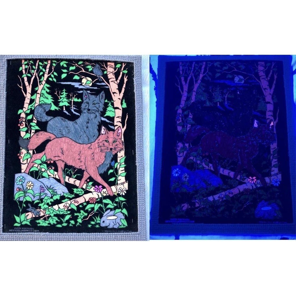 Vintage 1998 Western Graphics Corp Fuzzy Poster Fox Blacklight Art Velvet 9x12